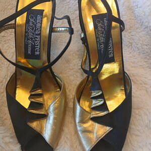 ANDREA PFISTER for SAKS FIFTH AVENUE BLACK SATIN & GOLD LEATHER SLINGBACK HEELS